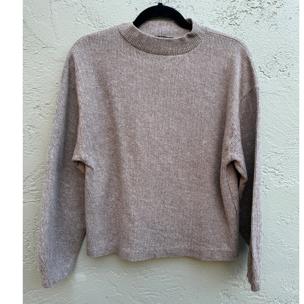 ZARA Womens Taupe Long Sleeve Ribbed Mock Neck Sweater SMALL Minimalist Layers